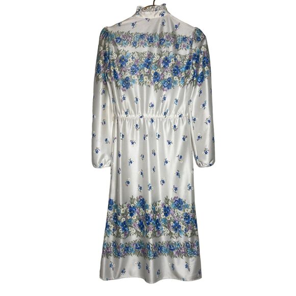 Vintage 70s Floral High Neck Dress Tie Front Elastic Waist Silky Nylon - Picture 3 of 9